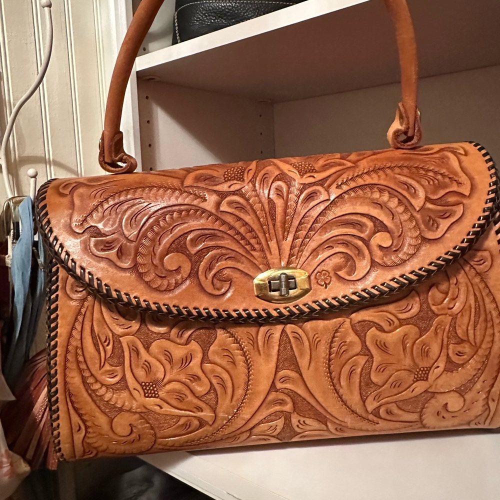 Brown Embossed Leather Shoulder Bag with Gold Clasp
